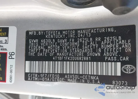2013 Toyota Camry Le from USA, damaged, VIN 4T1BF1FK2DU682881